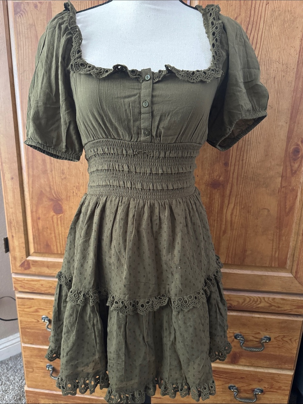 American Eagle Outfitters Olive Green Tiered Mini Dress